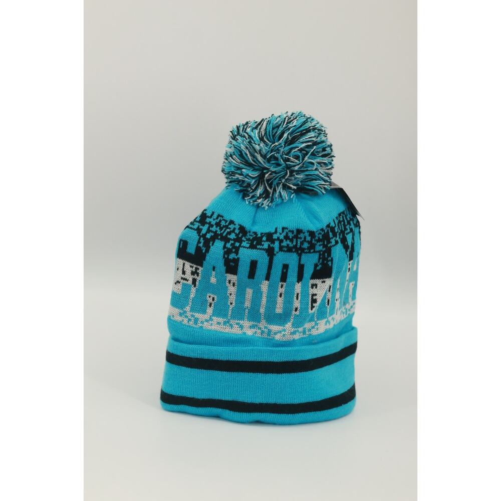 New York Headwear Carolina Beanie Hat Blue Black White Pom Pom Knit Cuffed Cap